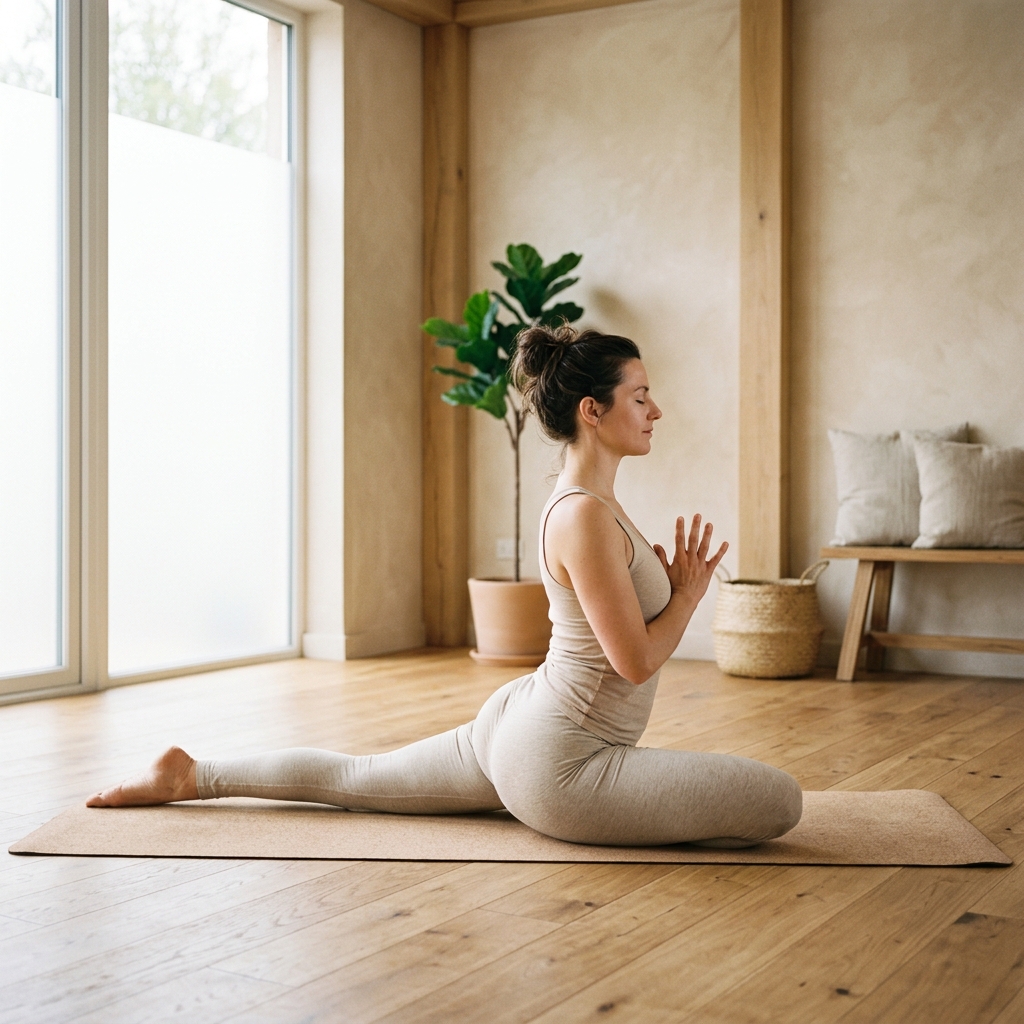 A woman moving through a slow stretch in a calm, sunlit studio
